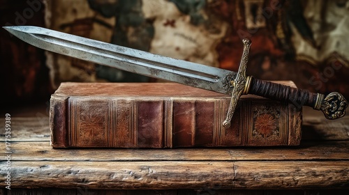 Antique sword rests on aged book