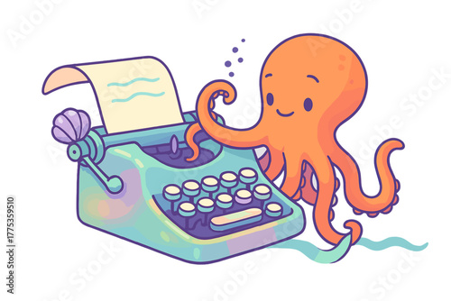 Cute orange octopus character typing a story on a vintage turquoise typewriter