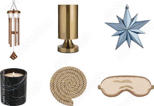 Decorative object set, wind chime, candle holders, star ornament, rope coil, sleep mask, home decor, cad drawing flat vector illustration