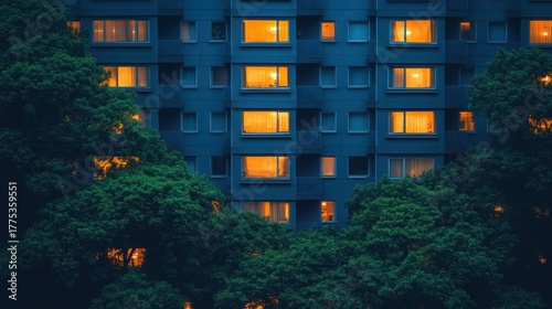 Apartment building at night, trees in foreground