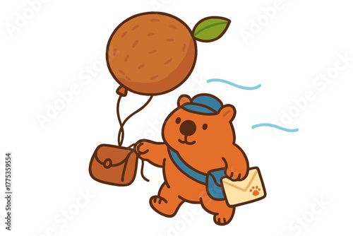 Cute cartoon bear postman delivering mail while carrying a large fruit balloon and satchel