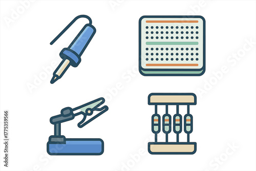 Essential electronic engineering tools and components set featuring soldering iron, breadboard, and resistors