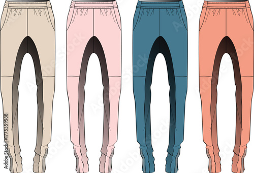 Fashion illustration of various colored sweatpants designs, perfect for apparel and clothing projects