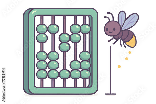 Adorable cartoon firefly near traditional green abacus counting device