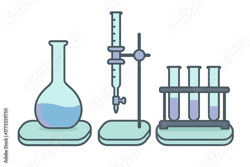 Essential chemistry laboratory equipment set including a flask, burette, and test tubes in a rack