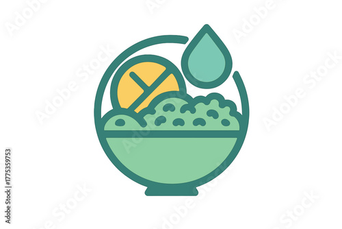 Flat style icon showing a bowl of mashed green food, likely guacamole, next to a slice of citrus fruit and a liquid drop