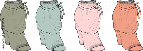 A stylish collection of women's high heel ankle boots with a unique ruched fabric overlay and drawstring tie, presented in four different colorways