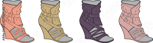 Collection of stylish high-heeled wedge sandals with ankle straps in various color options. A vector fashion illustration concept for summer footwear