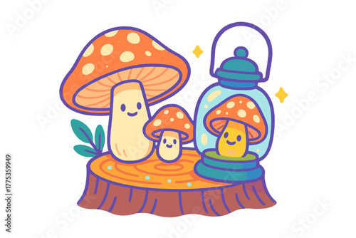 Cartoon mushrooms sitting on a wooden tree stump next to a glowing glass lantern