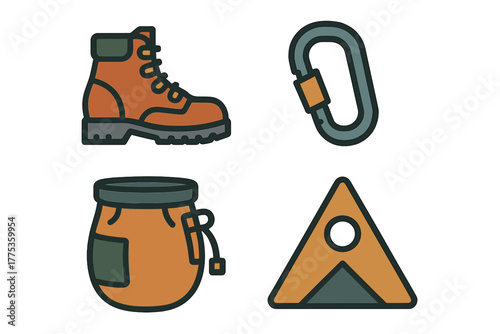 Essential outdoor adventure equipment including a hiking boot, carabiner, chalk bag, and camping tent