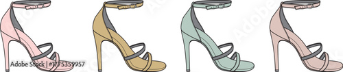 Fashionable high-heeled women's sandals illustrated in various soft pastel colors, showcasing elegant footwear design for modern style and summer occasions
