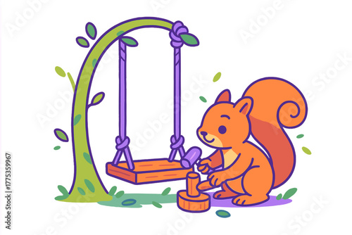 Cute orange squirrel hammering a wooden swing attached to a whimsical curved tree trunk