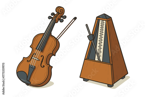 Classic wooden violin and bow next to a vintage mechanical metronome for tempo practice