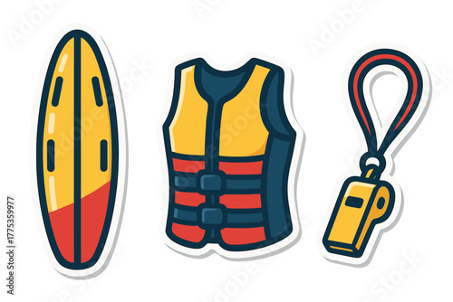 Water safety and lifeguard rescue equipment set including flotation board, life vest, and whistle