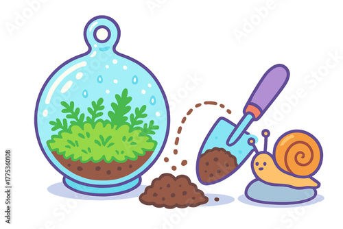 Cute snail and shovel adding soil and plants to a hanging glass terrarium garden