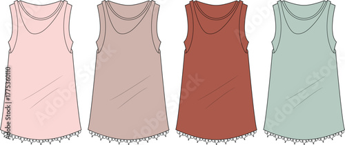 Sleeveless Tank Top Fashion Flat Technical Drawing in Various Colors