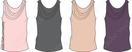 Collection of four tank tops in varying pastel and muted tones, showcased against a white backdrop