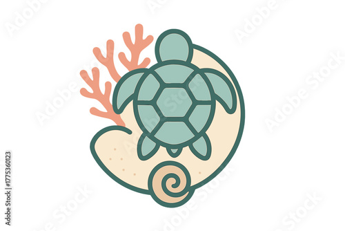 Minimalist sea turtle swimming above sandy ocean floor with coral and seashell