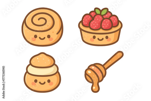 Set of cute cartoon dessert characters including cinnamon roll, strawberry tart, and cream puff