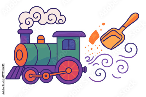 Colorful steam locomotive engine being fueled by coal by a worker with a shovel