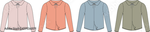 A colorful collection of four long-sleeved collared shirts displayed in a row against a white background