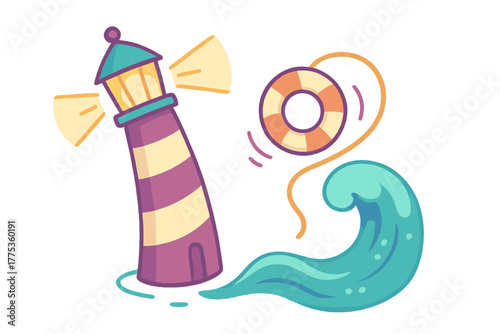 Striped lighthouse beacon shining next to a life preserver floating above a turquoise ocean wave