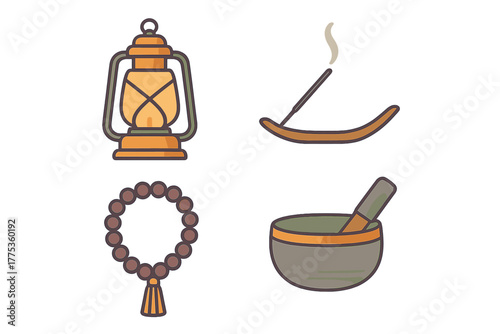 Traditional spiritual and meditation items set featuring a lantern, mala beads, incense, and singing bowl