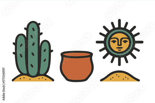 Southwestern desert symbols with cactus, terracotta pot, and stylized sun face