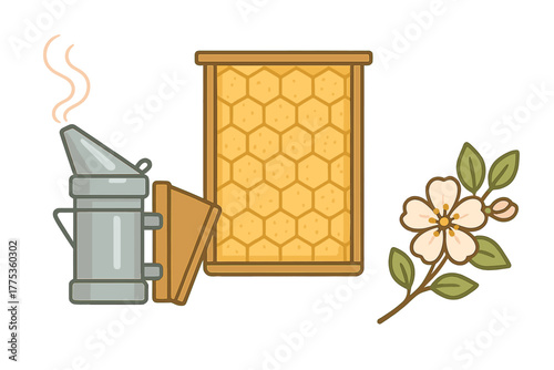 Traditional bee smoker, framed honeycomb, and spring fruit tree blossom