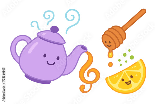 Cute purple teapot character pouring steam next to a smiling honey dipper and fresh lemon slice character