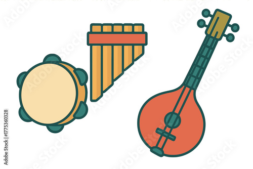 Traditional musical instruments set featuring a tambourine, pan flute, and mandolin or lute