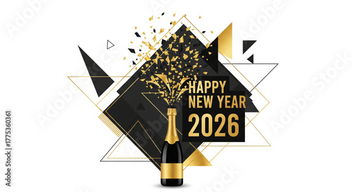 Festive illustration featuring a champagne bottle and celebratory New Year's message.