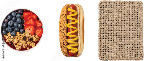 Fruit granola bowl, hot dog with mustard, woven mat texture, food and object set, cad drawing flat vector illustration