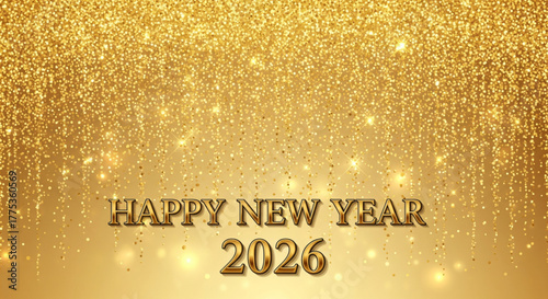 Golden glitter background with "Happy New Year 2026" text, festive and celebratory.