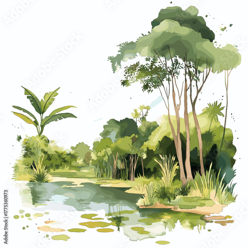 Cuyabeno Wildlife Reserve. Cuyabeno Wildlife Reserve hand drawn watercolor illustration