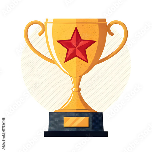 Golden trophy with red star and wings symbolizing victory and achievement isolated on transparent background