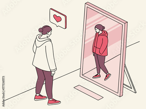 Conceptual Vector Illustration of Person Viewing Filtered Reflection Symbolizing Unrealistic Self-Image Online"