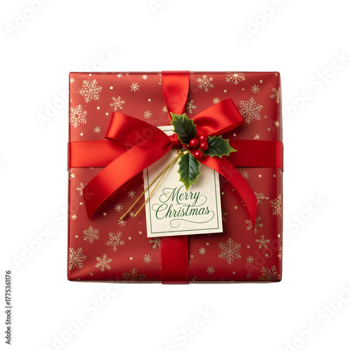 Red Christmas Gift Box with Snowflake Wrapping Ribbon Holly and Merry Christmas Tag.