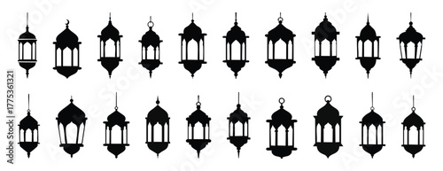 Islamic lamps elements lantern, lamp, clip art, silhouette, ramadan, arabic, eid, element, festival, celebration, black, decorative, traditional,