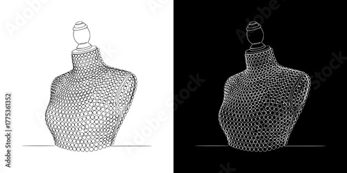 Bead-covered mannequin on contrasting backgrounds representing Mardi Gras, isolated vector image in line art style, two versions on transparent and black background
  