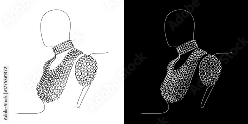 beads on the chest, neck, and shoulders covered mannequin in intricate design for Mardi Gras concept, isolated vector image in line art style, two versions on transparent and black background
  