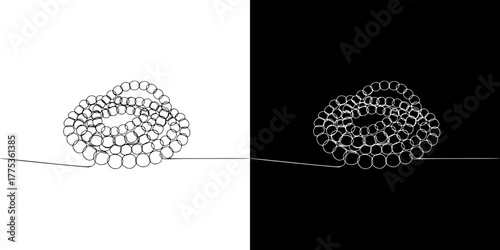 decorative thread with beads in minimalist line art for Mardi Gras, isolated vector image in line art style, two versions on transparent and black background
 