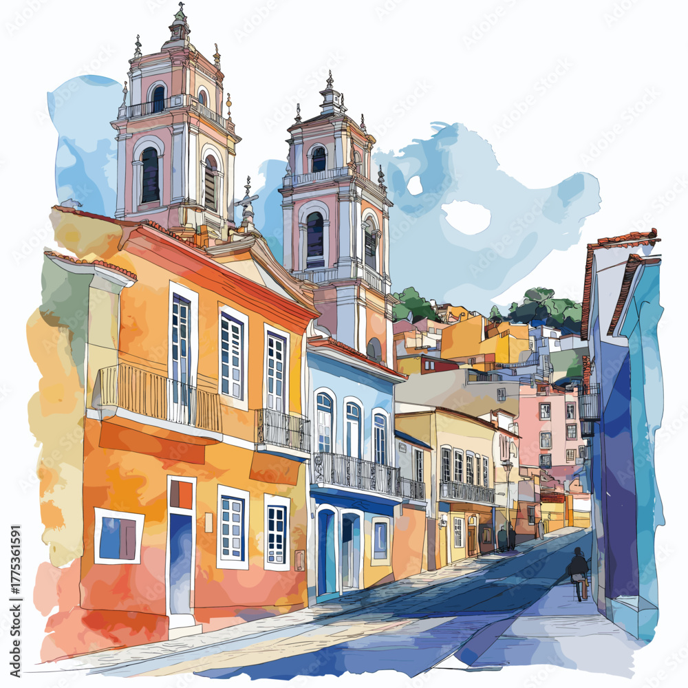 Fototapeta premium Pelourinho Historic Center. Pelourinho Historic Center hand drawn watercolor illustration