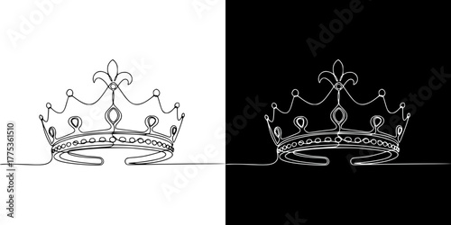 Crown illustration in minimalist style for Mardi Gras, isolated vector image in line art style, two versions on transparent and black background
  
