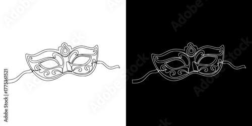 Masquerade ball mask design, Mardi Gras, isolated vector image in line art style, two versions on transparent and black background
  