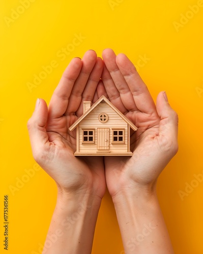 a person's hand protecting a miniature wooden house against a vibrant yellow background, symbolizing home and security