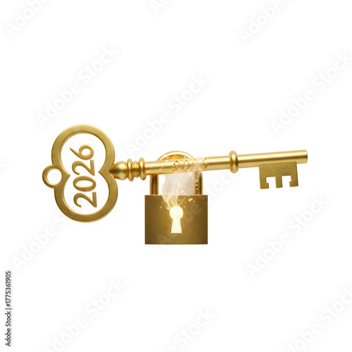 Golden key with the year 2026 engraved on its bow unlocking a brass padlock isolated on transparent background