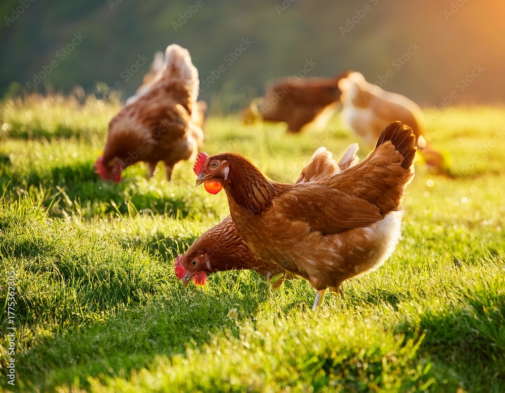 Fototapeta premium chickens pecking at fresh grass in a sunny open field