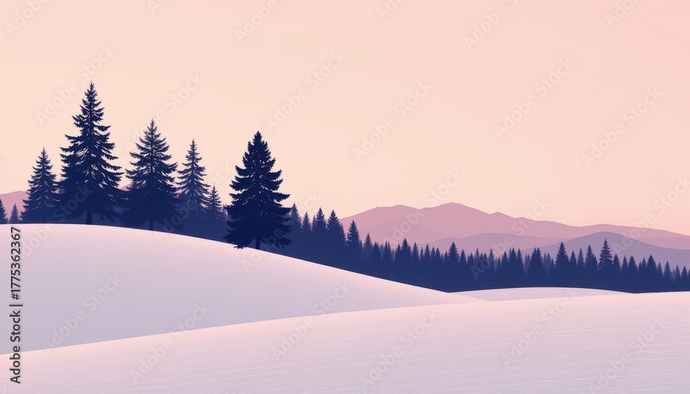 Fototapeta premium Minimalist winter landscape illustration featuring snow covered hills dark pine tree silhouettes and layered mountains