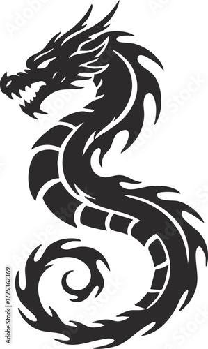 A vector illustration features a tribal dragon tattoo design